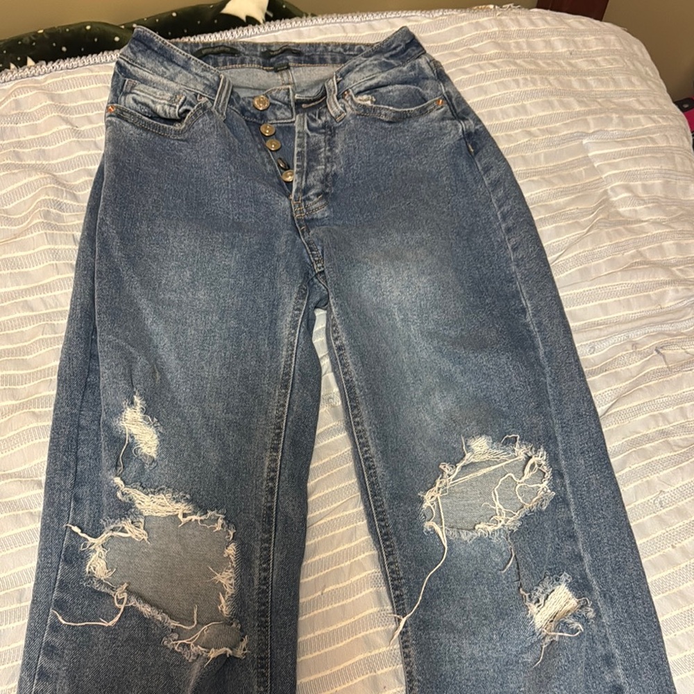 Blue Straight Leg Distressed Jeans
